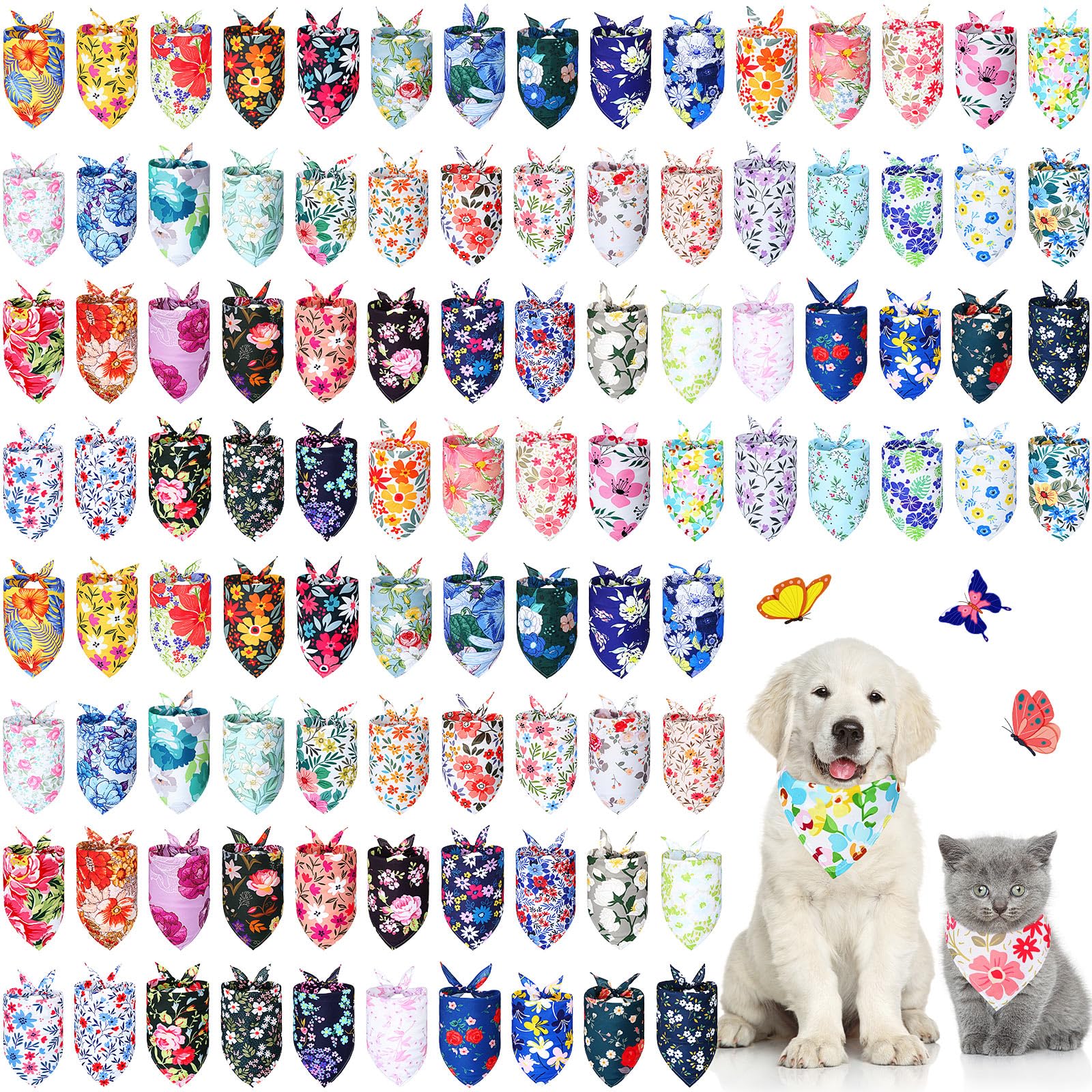 Sweetude 100 bandanas florales para perro, bufanda triangular ajustable de verano para perro, disfraz lavable para perro, gato, elegante babero para mascotas pequeñas a medianas