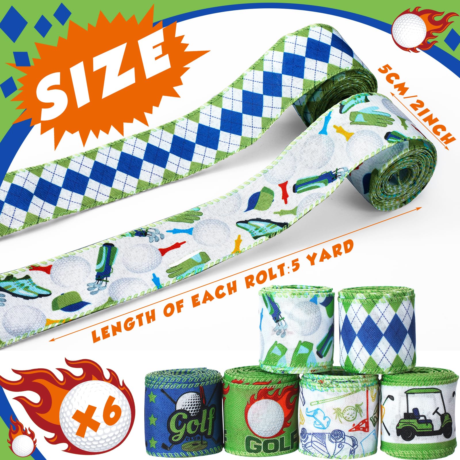 Snapklik.com : 6 Rolls Golf Wired Edge Ribbon 2 Inch X 30 Yards Blue ...