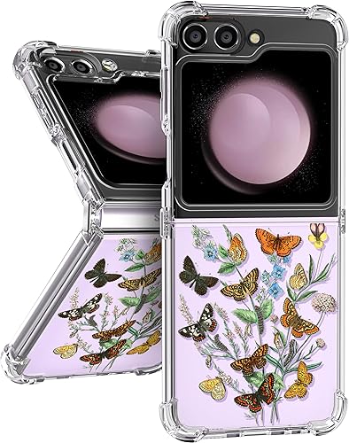 Plakill Funda para Samsung Galaxy Z Flip 5, bonito diseño floral de mariposas, diseño protector de mariposa, TPU suave, a prueba de golpes, para