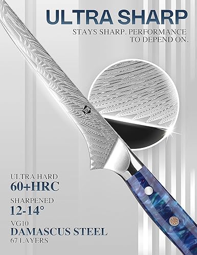 Miniatura 3 de WILDMOK Cuchillo para deshuesar de Damasco, cuchillo de filete súper afilado de 7 pulgadas, cuchillo japonés de acero de Damasco, mango de resina de