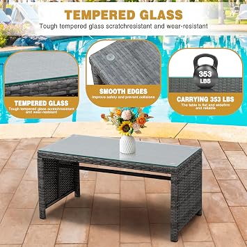 SUNLEI 4-Piece Outdoor Patio Furniture Set, Rattan Chair Wicker Conversation Set, Backyard Porch Garden Poolside Gray Rattan Sofa Set r with Cushion for Outdoor Indoor Use (Sky Blue)