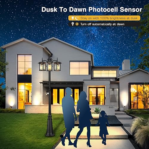 Miniatura 5 de VIANIS Luz de poste de lámpara para exteriores, luz de calle impermeable de triple cabezal del anochecer al amanecer, lámpara de techo de aluminio