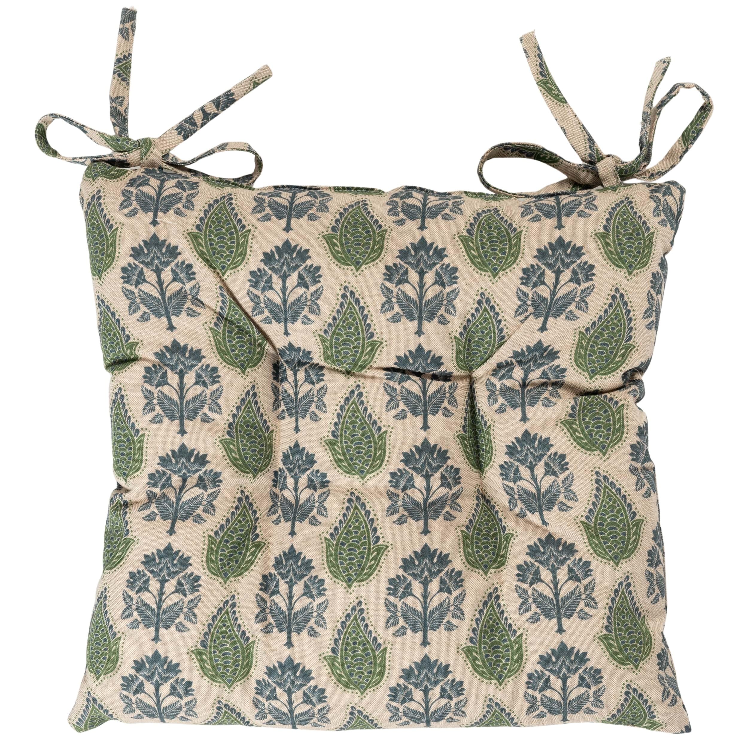 Linen Loft Green Cotswold Countryside Motif Quilted Fibre Seat Pad In Blue And Rustic Cottagecore Style, Luxury Chair Pad With Ties. Deep-Filled & Supersoft. 16X16 X 3"