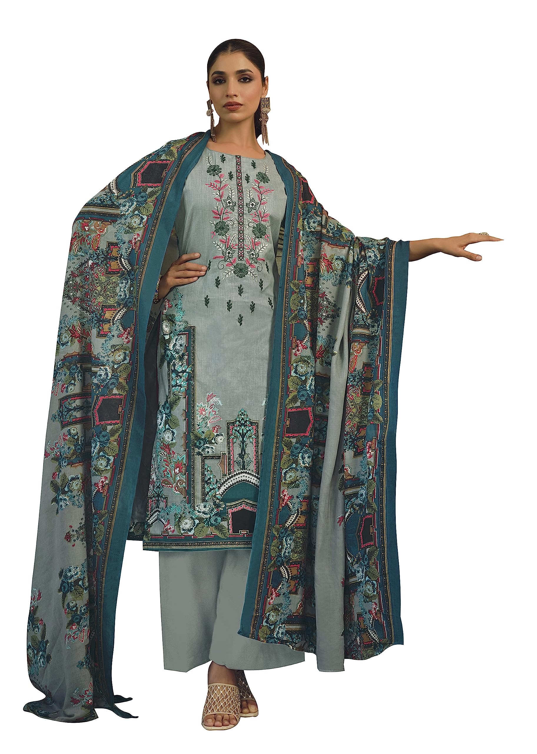 Women's Unstitched Pakistani Print Thread Embroidered Pure Cotton Salwar Suit Dress Materials with Cotton Printed Dupatta-image-10