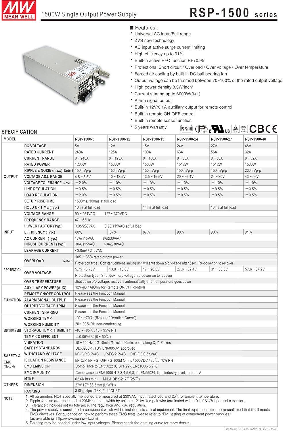 Mean Well RSP-1500-27 Enclosed Switching AC-to-DC Power Supply, Single Output, 27V, 0-56A, 1512W, 3.3" H x 5.0" W x 10.9" L