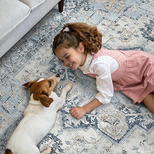 Miniatura 4 de GENIMO Alfombras de área de 4 x 6 pies para sala de estar, lavable a máquina, antideslizantes, vintage retro, alfombra ligera con estampado de