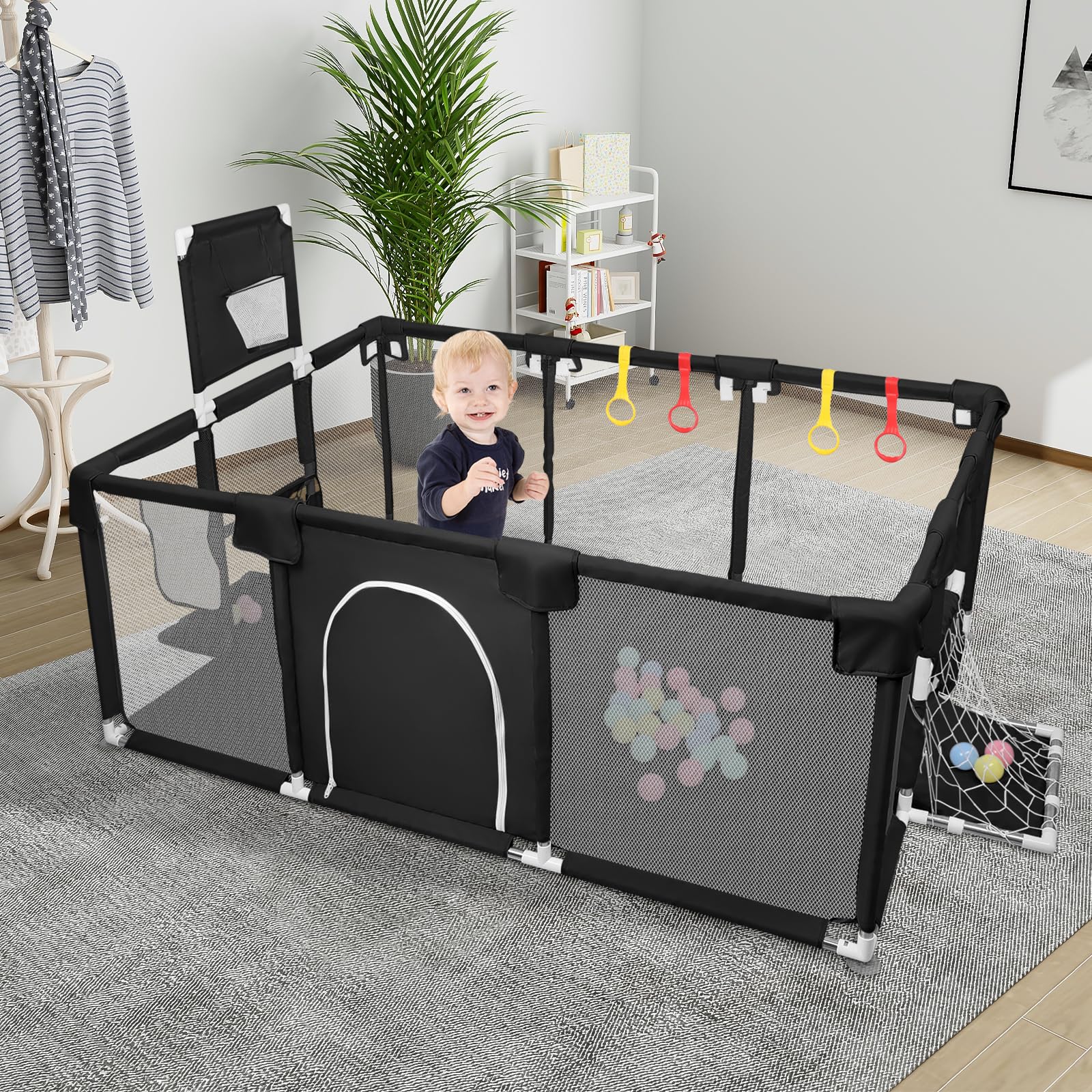 OHMG Parc Bébé,180 * 120cm,d'Activité pour Enfants avec Base,Modulable,Pliable,Grand parc pour enfant en bas âge Avec Porte Zippée,50 Balles,Basketball Rack,4 Ventouses (180 * 120 * 66cm-Noir)