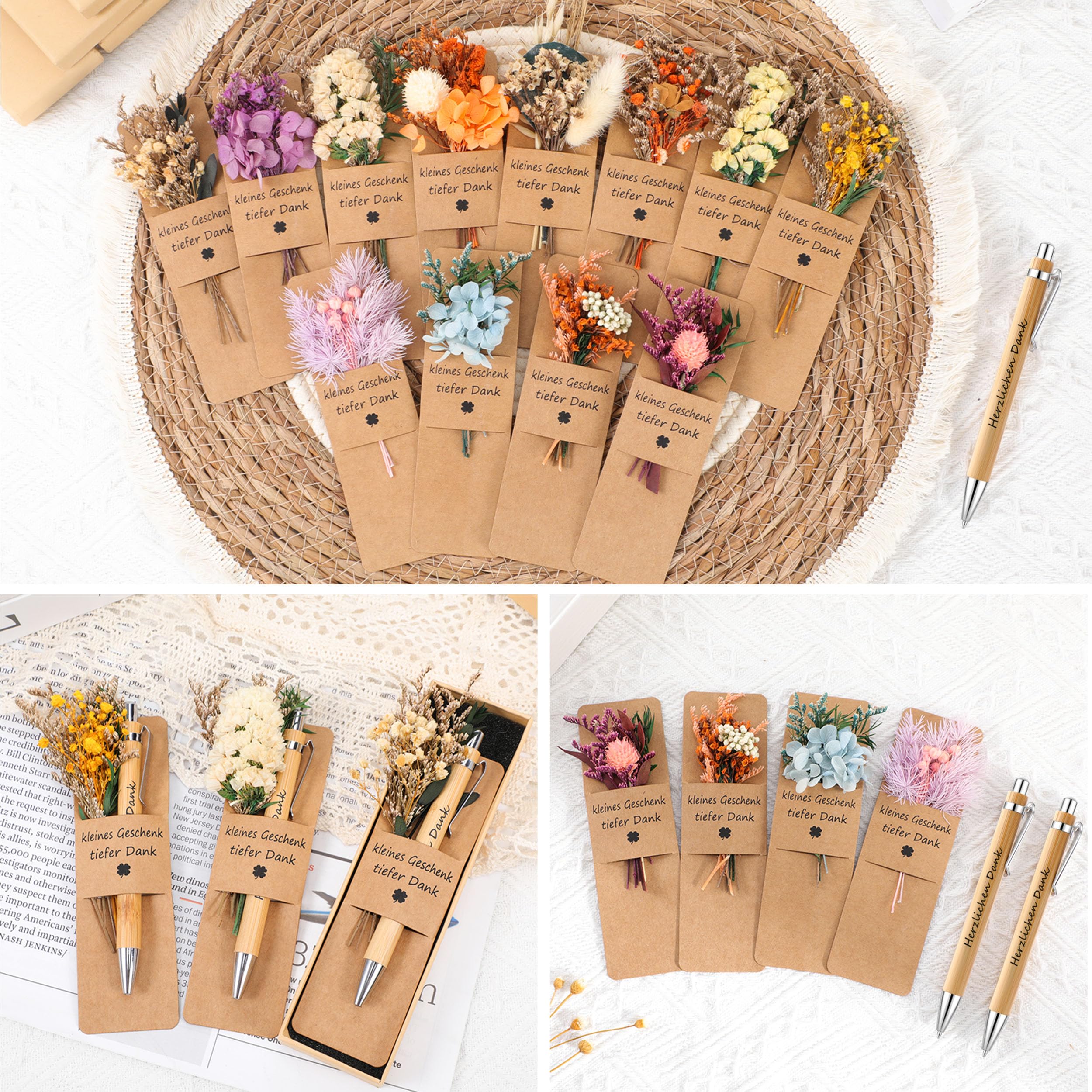 ZJTAPE 12 Sets Kleines Dankeschön Geschenke - Holz Kugelschreiber mit Trockenblumenstrau, Danke für Alles Danke Lesezeichen für Abschiedsgeschenk Lehrerin Erzieherin Kollegen Freund Hochzeit
