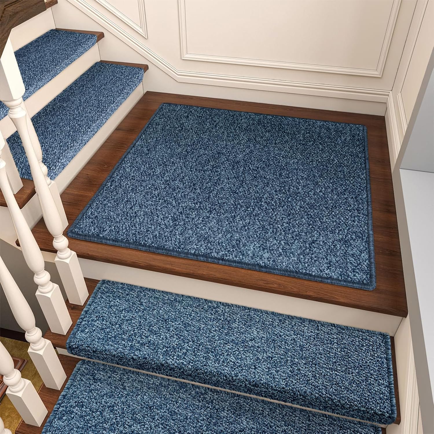 Bullnose Carpet Stair Treads, Non Slip Landing Mat for Wooden Steps Indoor, Soft Stair Rugs for Pets, Indoor Doormat for Kitchen Bathroom, Washable, 30"x30" 1pc, Blue