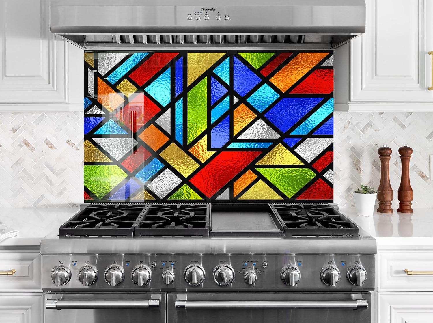 Myphotostation.com 23.5Wx12H''Tempered Glass Geometric Stained Backsplash Design Cooker Wall Backsplash Panel Glass Splashback for Kitchen Panel Design Colorful Splashback for Stove