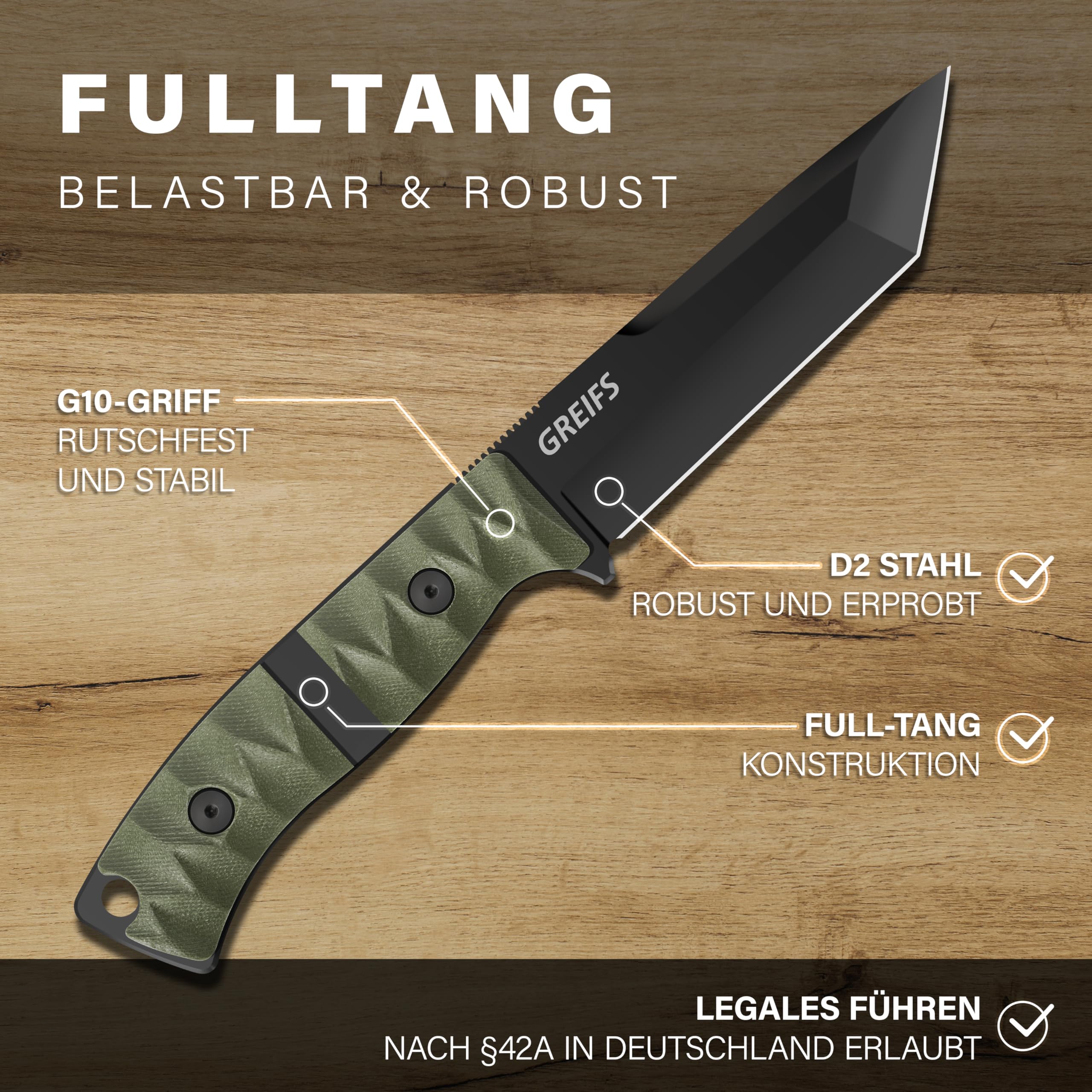 GREIFS® Outdoor-Messer Tanto aus D2 Stahl mit Kydex Holster und Feuerstahl, edles Survival Messer für die Bushcraft Ausrüstung, Jagdmesser, Schnitzmesser, Fahrtenmesser (RangerTanto/Schwarz-Grün)