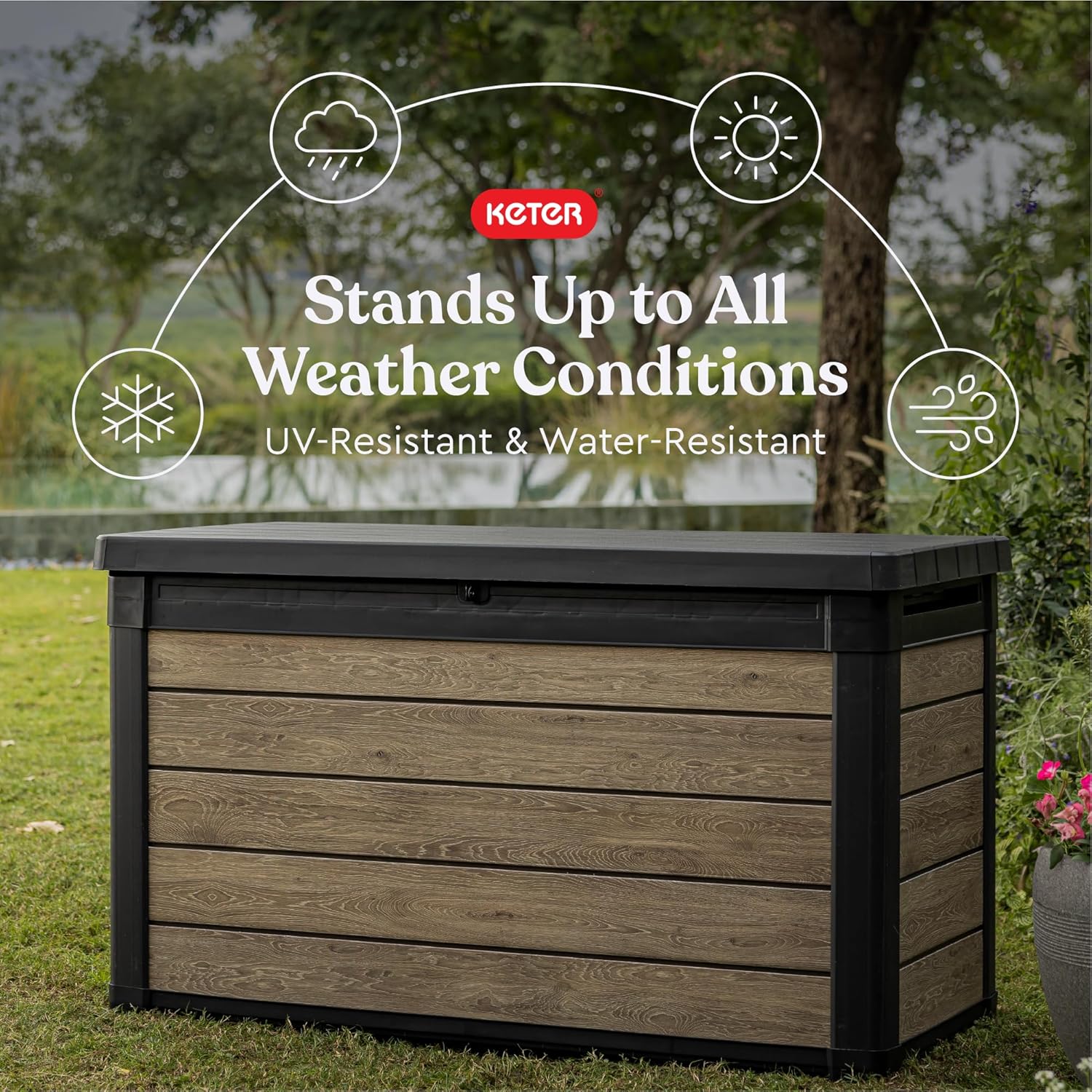 Kotak dek Keter dalam suasana luar dengan ikon cuaca yang menunjukkan rintangan UV dan air