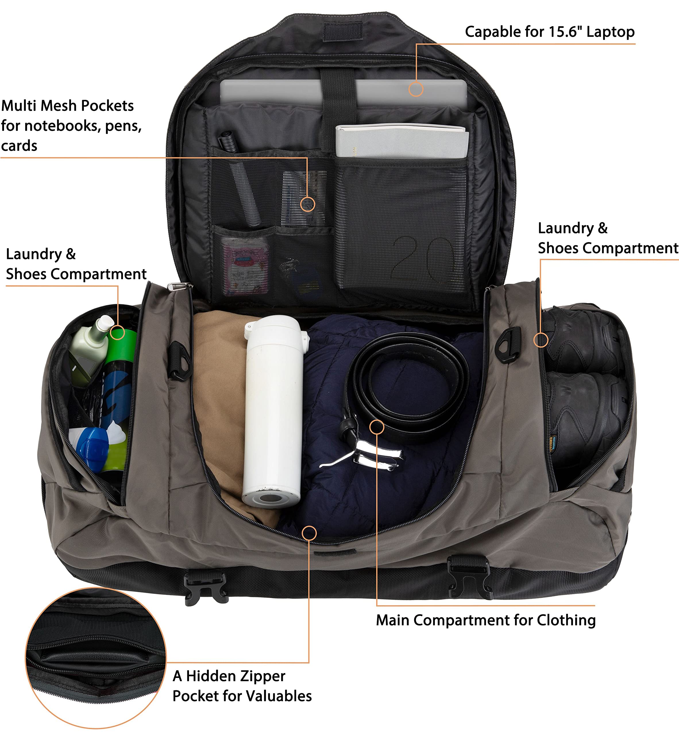 Ubon Borsone da Viaggio Grande Borse con Spazio per Laptop Vano Biancheria Ventilato Scomparto Scarpe Cinghie di Compressione Attrezzatura Escursionismo Campeggio Spiaggia Palestra Unisex Grigio 65L