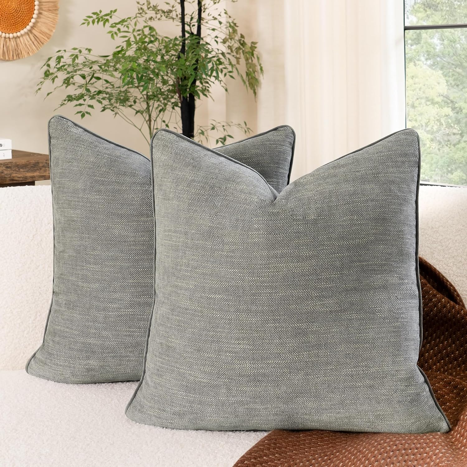 Mattins Chenille 22x22 Pillow Covers Set of 2 Neutral Throw Pillow Covers Textured, Modern Farmhouse & Mid Century Modern Decorative Pillow Covers for Couch & Sofa, Dark Grey 22 Inch Pillow Cover Sets