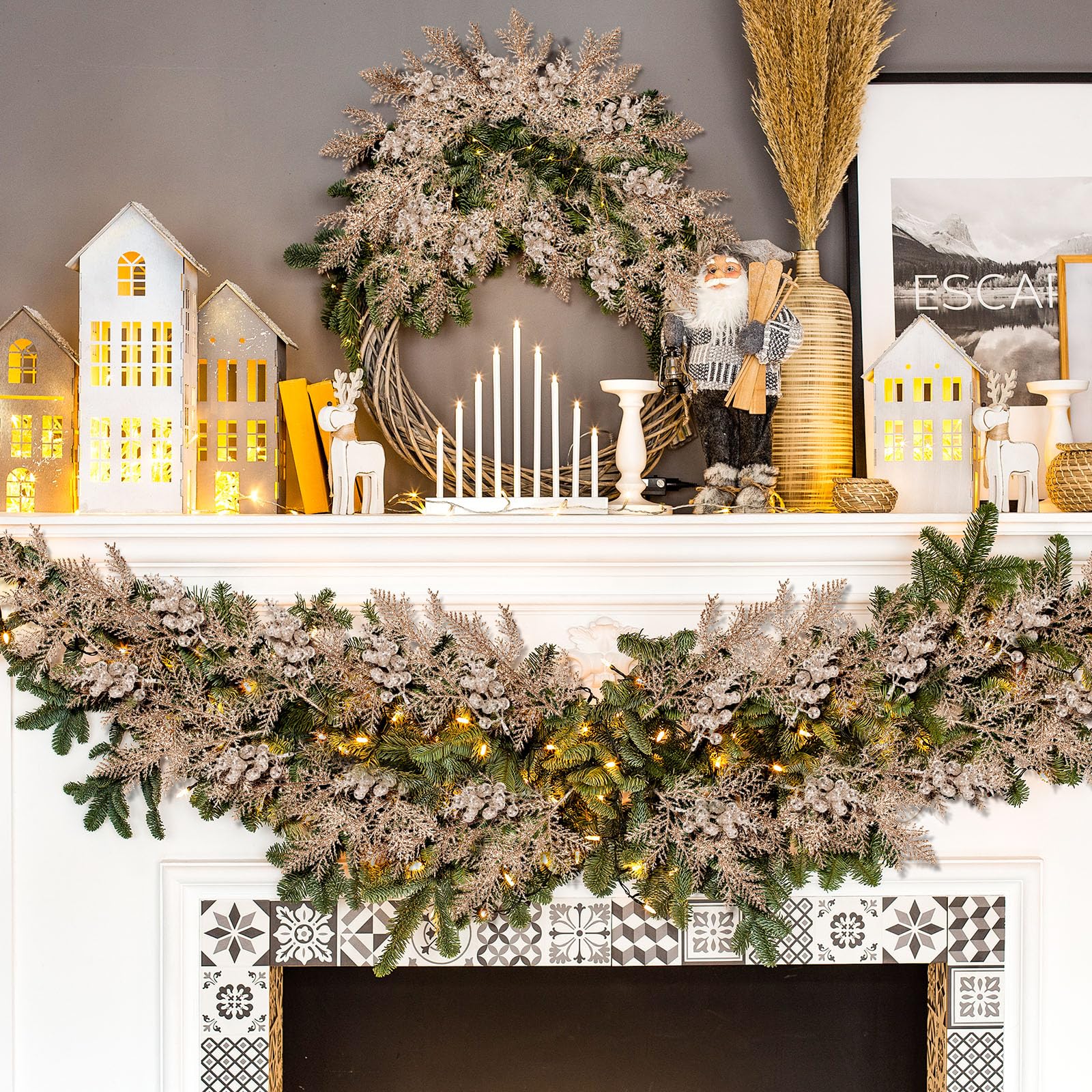 Cindeer 80 Stück Champagner Gold Weihnachten Glitzer Beeren Stiele Tannennadeln Weihnachten Künstliche Picks Fake Floral Zweige Spray für Weihnachtsbaum Ornamente DIY Kranz Girlande Dekorationen