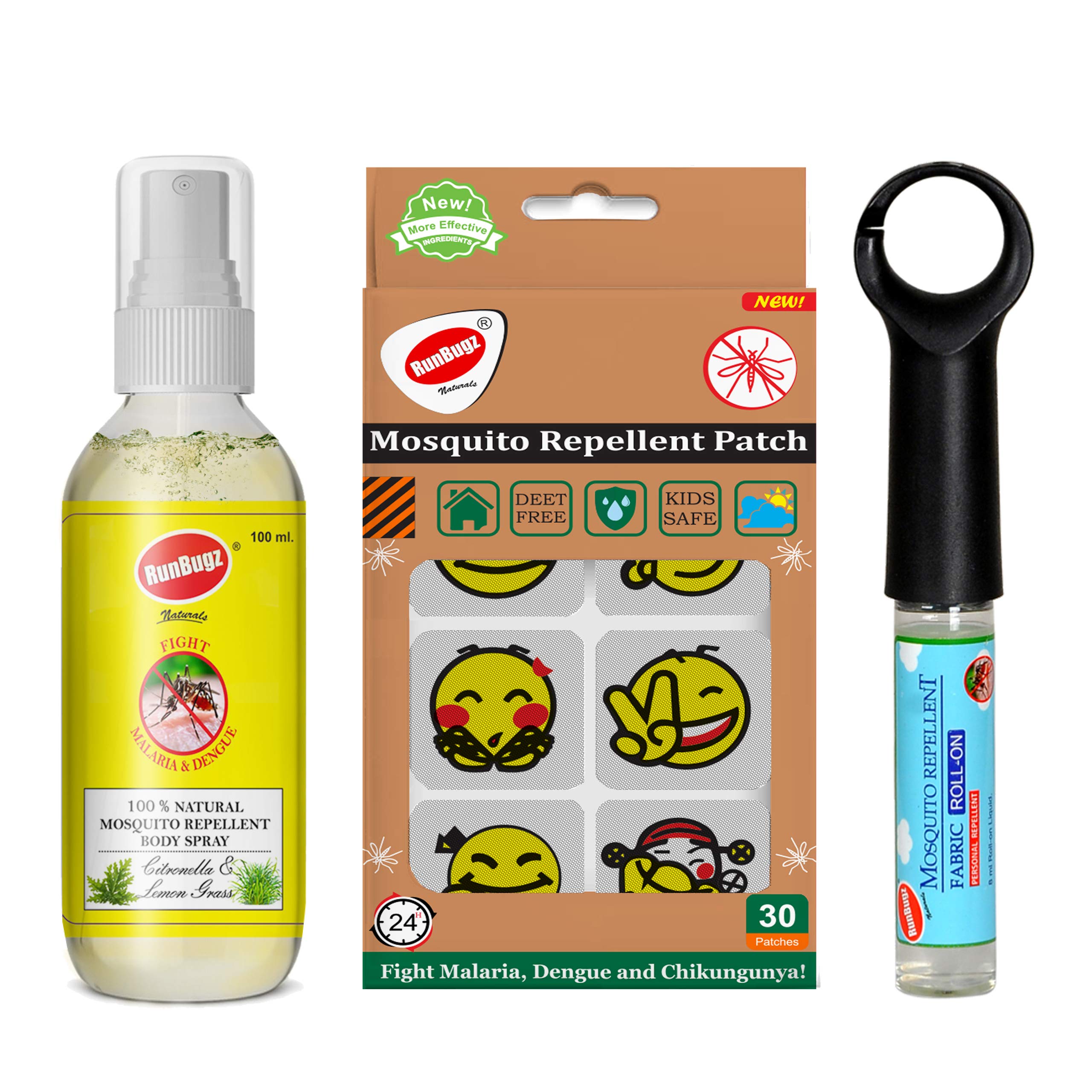 Runbugz Combo Pack Complete Mosquito Repellent For Kids (Body Spray 100 Ml, Roll On 8ml & 30 Patches) with 12hr. Protection With Citronella, Lemongrass & Eucalyptus Oil Protects from Dengue, Malaria, Chikungunya