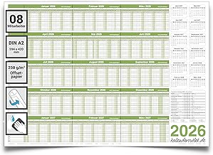 Personal Planner 2026 DIN A2 - Holiday Planner, Year Planner, Wall Calendar for up to 8 Employees - Foil-Laminated, Wipe Clean, Writeable - 59.4 x 42.0 cm - Delivered Rolled - Kalenderoutlet