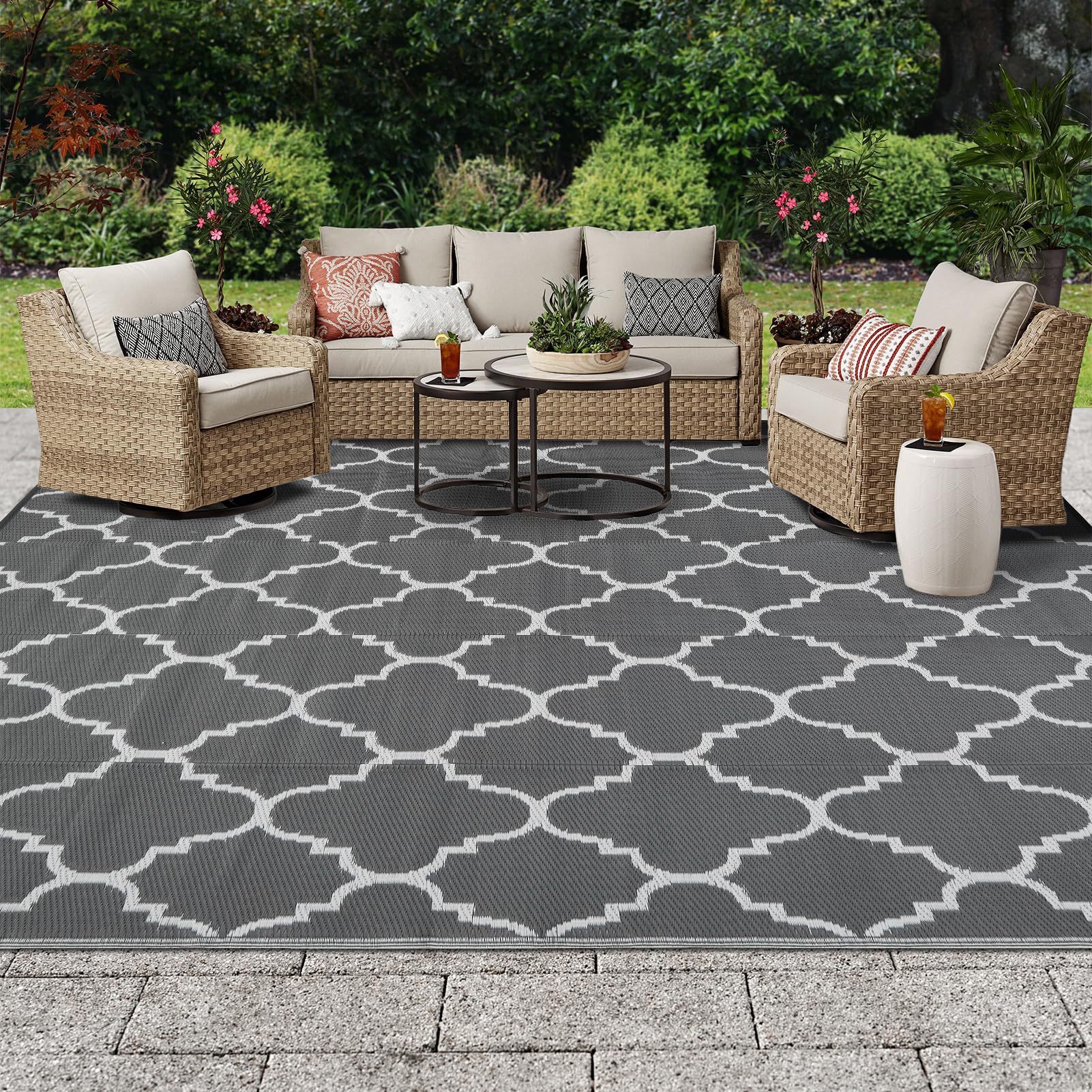 OIGAE Large Outdoor Rug Reversible Lightweight Plastic Carpet 180X270CM Weather & UV Resistant Grey Rug Patios Rugs Garden Mat Camping, Beach & Picnics Portable Anti-slip Rug