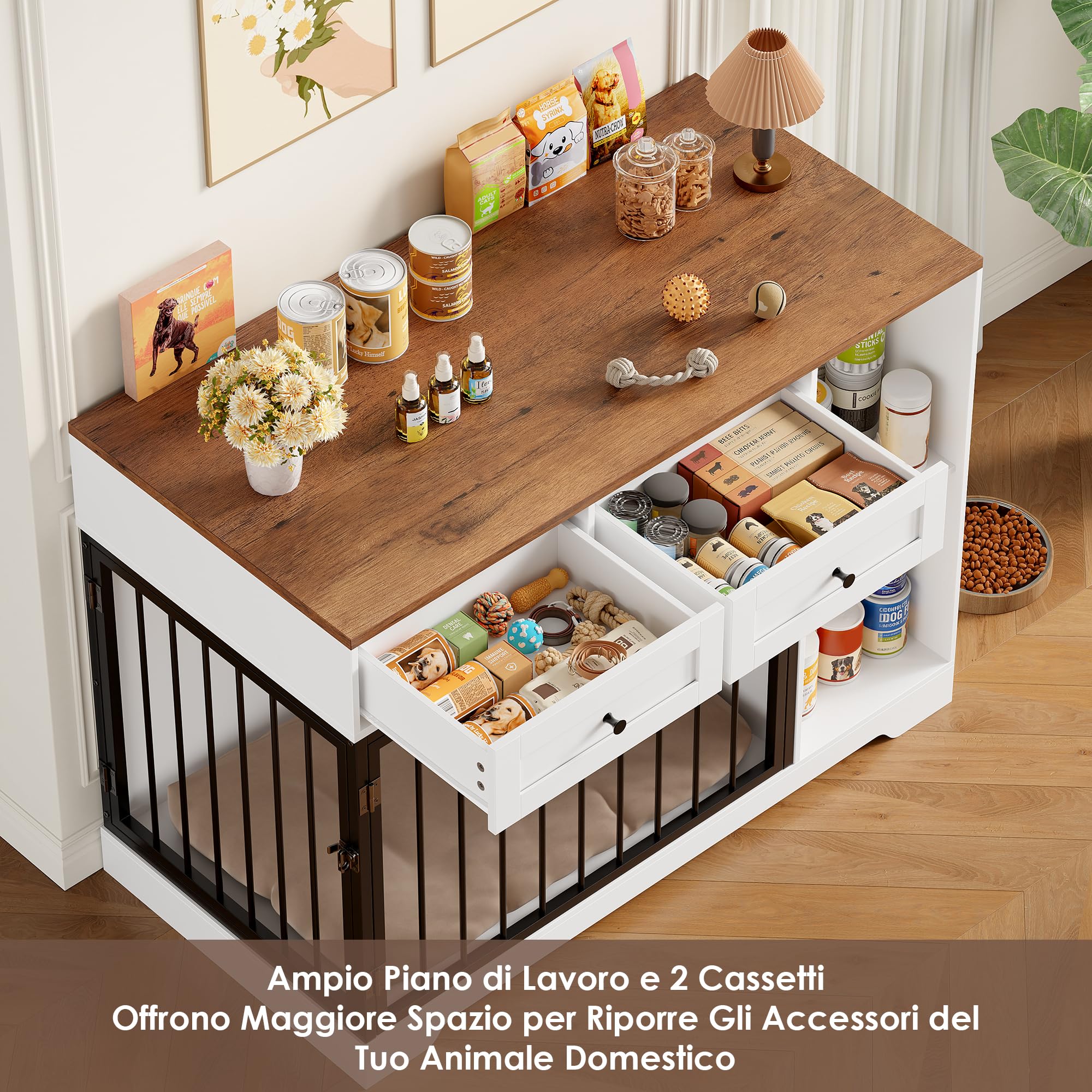 FirFurd 120cm Gabbia per Cani con 2 Porte, Kennel Cane Medio con 2 Cassetti e 2 Scomparti Aperti, Cuccia in Stile Mobili con Stoccaggio in Metallo e Legno, 120x60x87 cm (Bianco+Marrone)