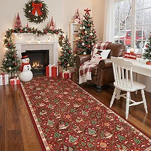 Madane Christmas Hallway Runner 3x8, Red Kitchen Rugs Washable Entryway Rug 8ft Vintage Kitchen Runners Non Slip Indoor Carpet Xmas Holiday Decor Runner for Bathroom Living Room Bedroom