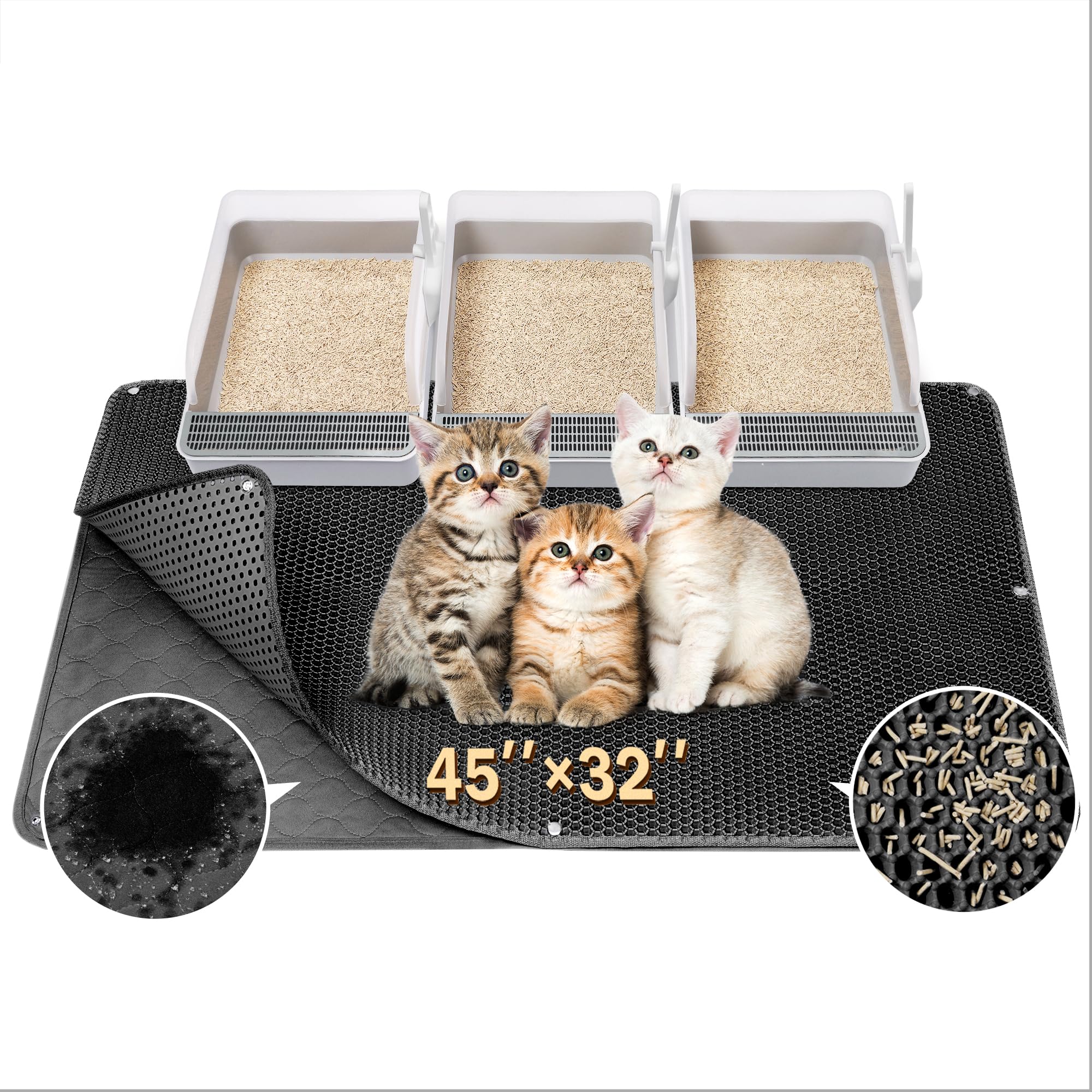 BurgeonNest 45"x32" Extra Large Cat Litter Mat, Honeycomb Double Layer Kitty Litter Trapping Mat, Urine Proof & Waterproof, Easy Clean, Machine Washable, Non-Slip, Scatter Control, Black