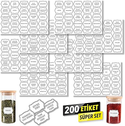 Beyaz Baharatlık Etiketi 200 Adet Kavanoz Sticker Seti - Suya Dayanıklı Erzak Bakliyat Saklama Kabı Mutfak Düzenleyici -Kendinden Yapışkanlı Suya Dayanıklı Sökülebilir Vinil Çıkartma (Beyaz)