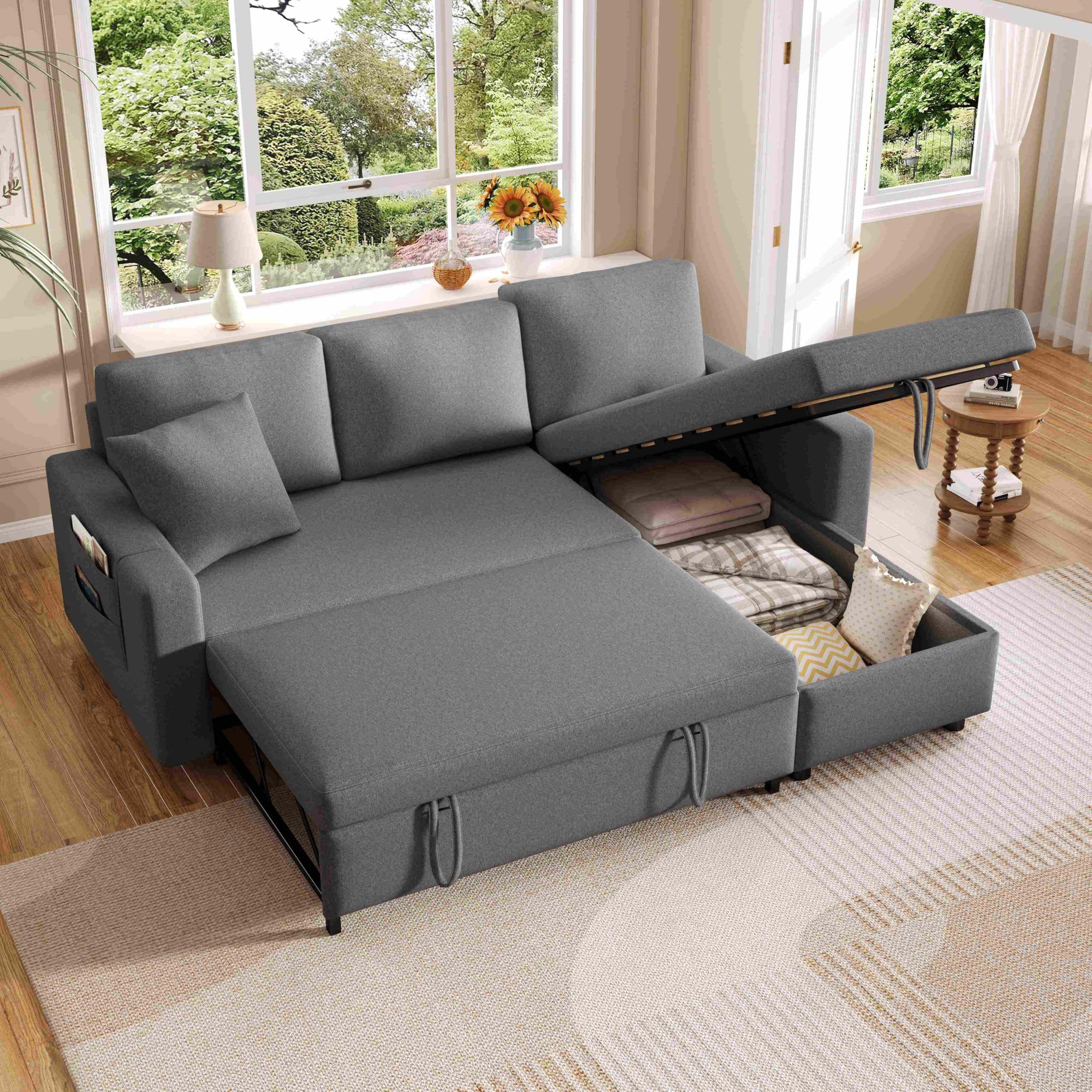 Schlafsofa mit Schlaffunktion, L-förmiges, Sofa-Chaiselongue mit Stauraum, mit Taschenaufbewahrung, Links und Rechts Austauschbare Chaiselongue, Dunkelgrau