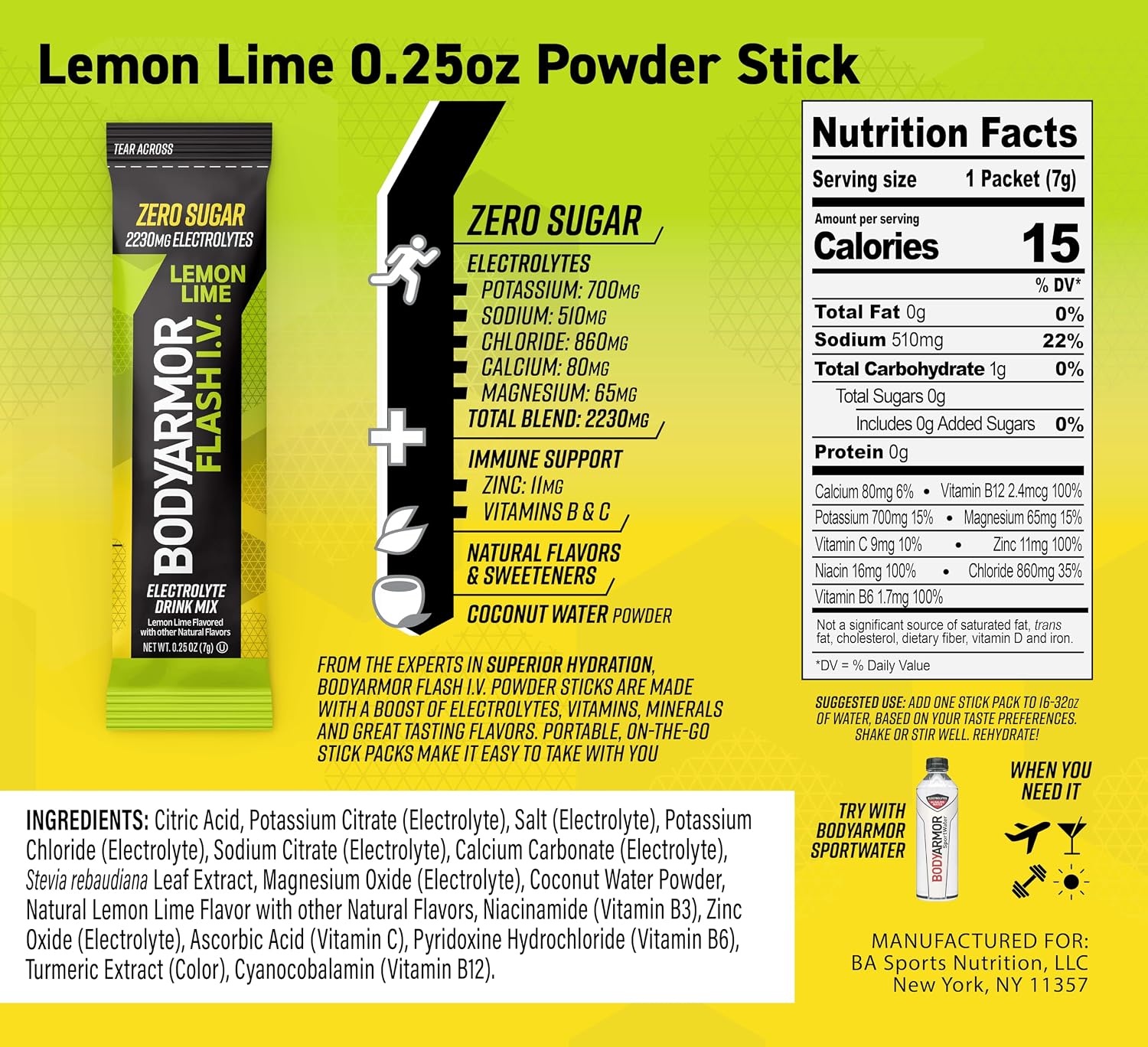 BODYARMOR Flash IV Electrolyte Packets, Lemon Lime - Zero Sugar Drink Mix, Single Serve Packs, Coconut Water Powder (6 Count) (Pack of 2) image 3