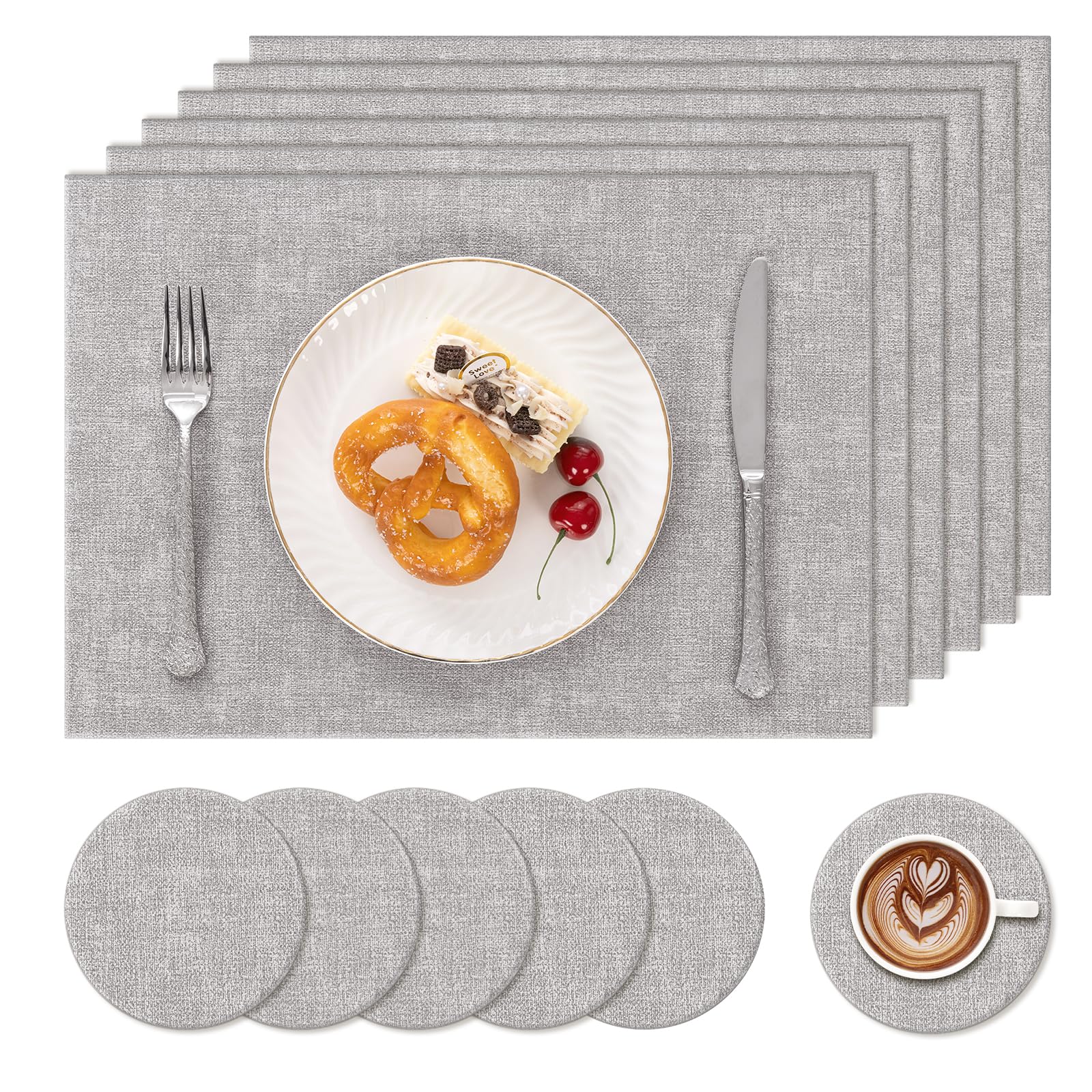 Enyhom Faux Leather Placemats and Coaster Sets 6, Heat Resistant & Wipeable Table Mats Waterproof Oilproof, Non Slip Washable Dining Mats for Kitchen, Dinner, Light Grey