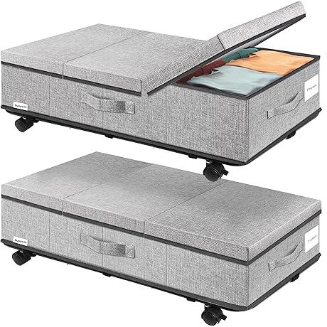 Upgraded Under Bed Storage Bins with Wheels, 2-Pack Underbed Storage Container with Lids, Grey