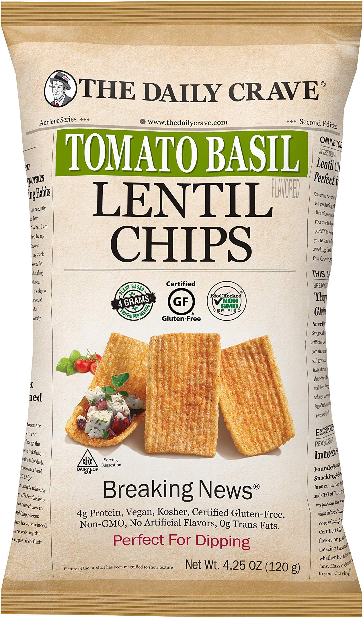 The Daily Crave Lentil Chips, Tomato Basil, 4.25 Oz (Pack Of 8) 4 G Protein, Gluten-Free, Non-Gmo, Kosher, Crunchy