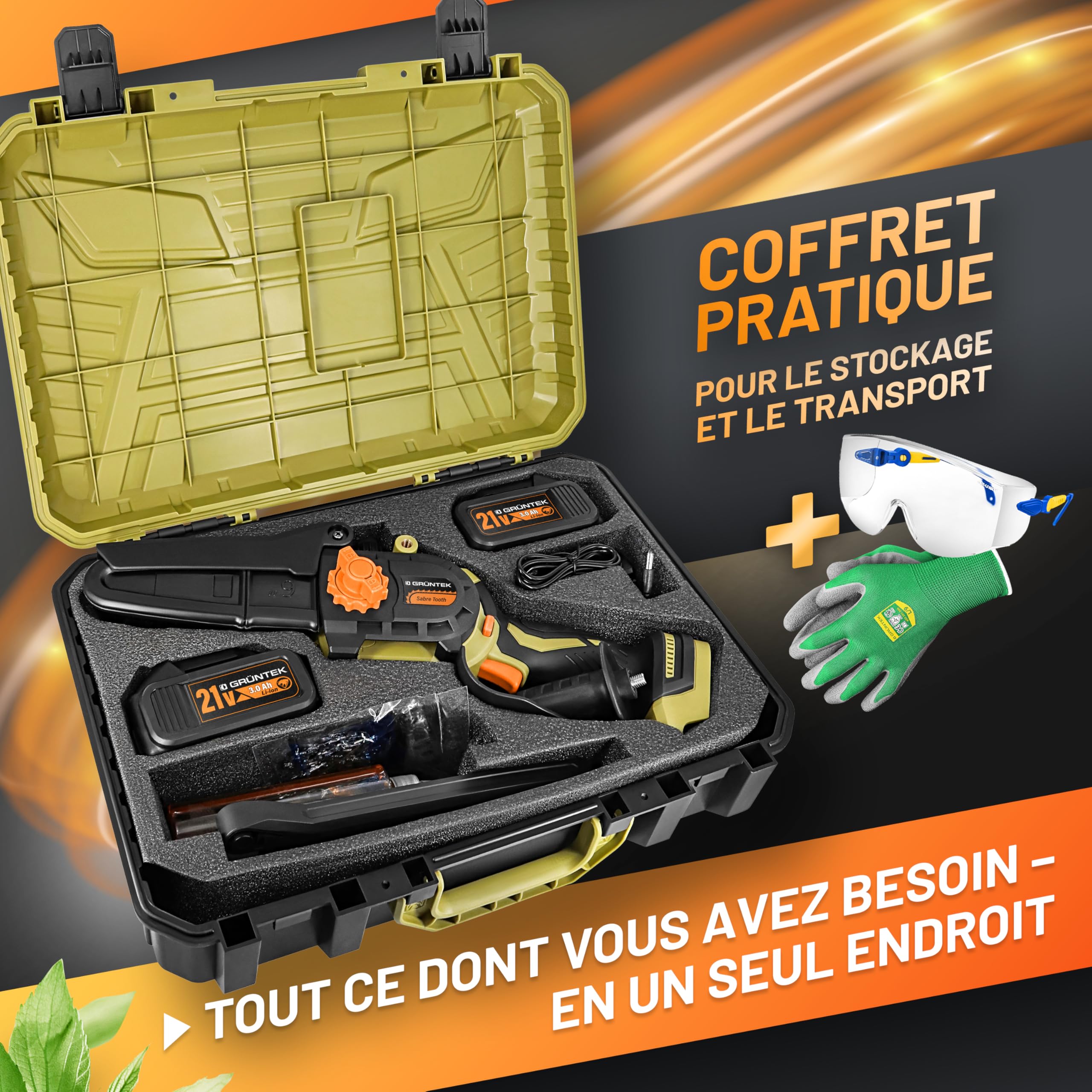 GRÜNTEK Mini Tronçonneuse à Batterie Sans Fil Brushless 21V Élagueuse Scie de Jardin Electrique avec 2 Batterie, 2 Chaînes. Kita avec accessoires de Jardin Gants et Lunettes