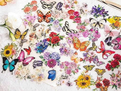 Miniatura 3 de Knaid 300 calcomanías surtidas de mariposas y flores, calcomanías de resina floral de mariposas transparentes, calcomanías estéticas para diario,