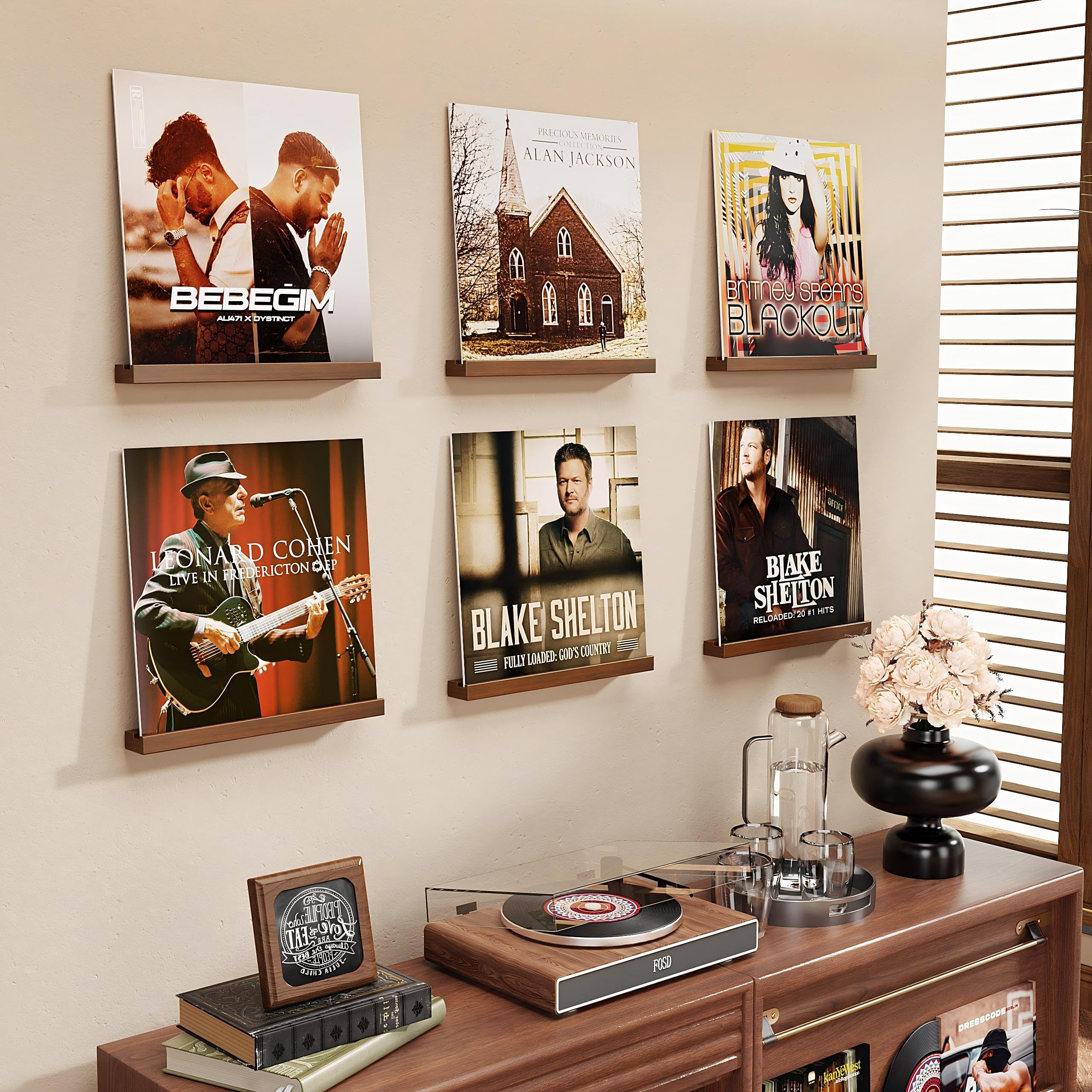 6 Stück Schallplatten Wandhalterung, Holz Vinyl Halter, Schallplatten Regal Halter Wand, Vinyl Wandhalterung, Zur Platzierung Von Schallplatten, CD, Fotoalben Und Sammlungen(Nussbraun)