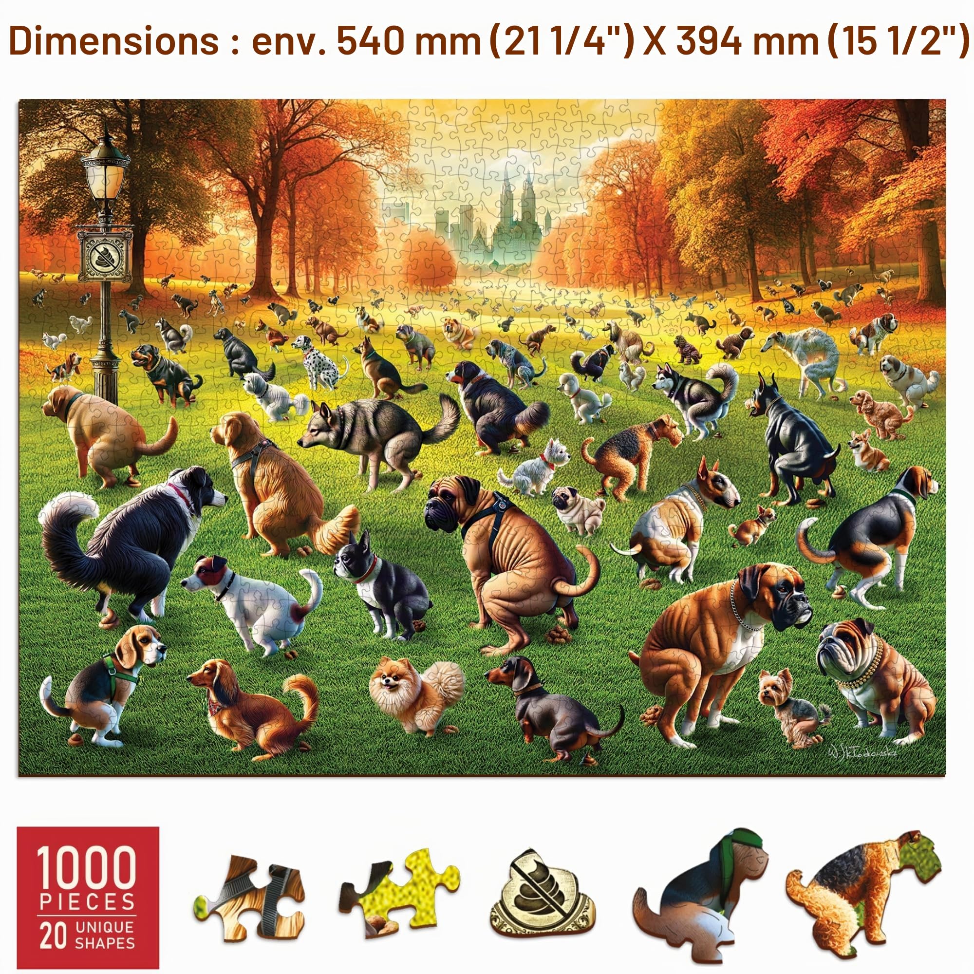WOODEN.CITY Chiens Pipi Pipi Casse-tête en bois pour adultes 1000 pièces – Drôle de casse-tête de chien qui fait pipi, casse-tête en bois de 1000 pièces, scène animalière dans un parc national