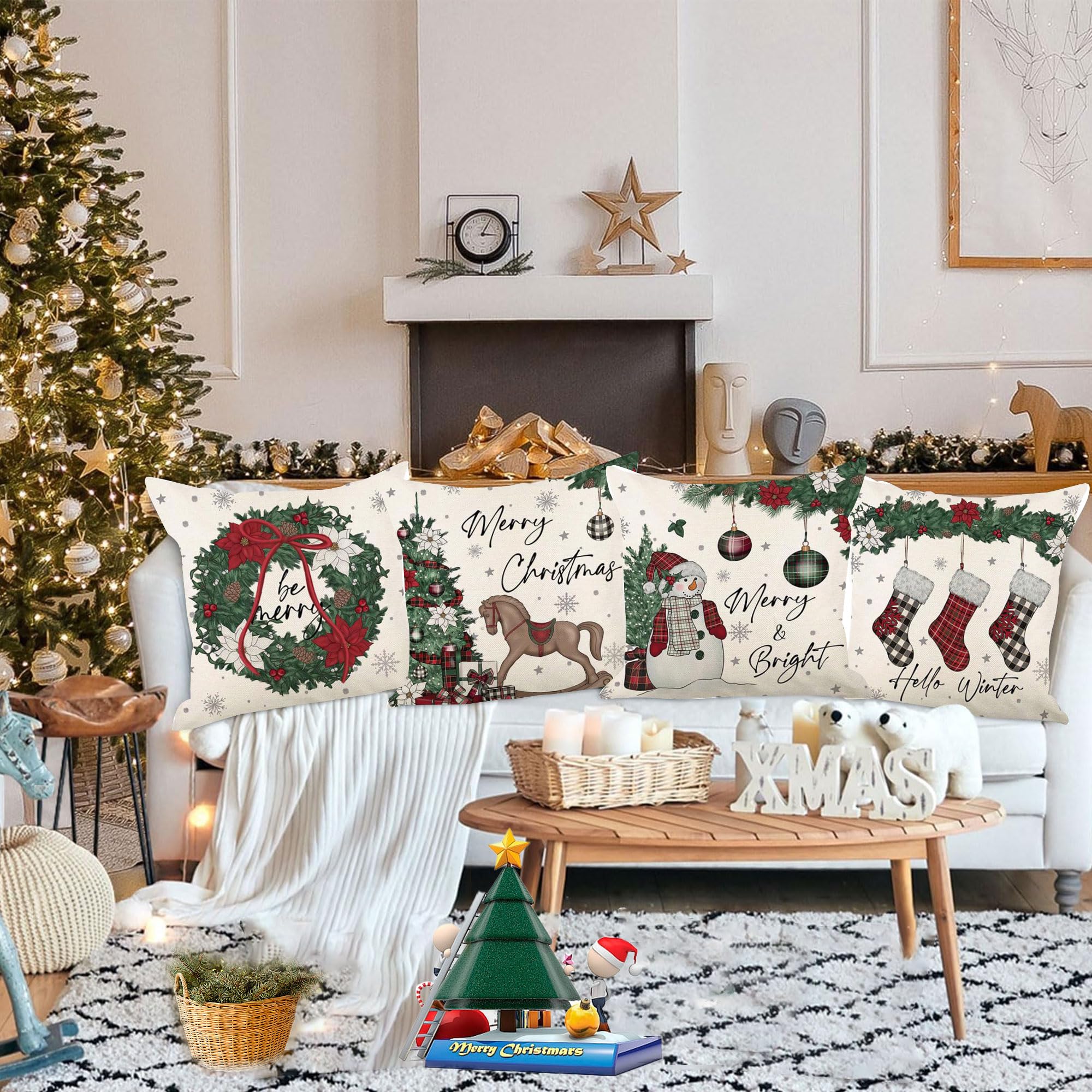 Set di 4 federe per cuscini natalizi, 45 x 45 cm, ghirlanda di Natale, cavallo, pupazzo di neve, calza di Natale, decorazione invernale per divano