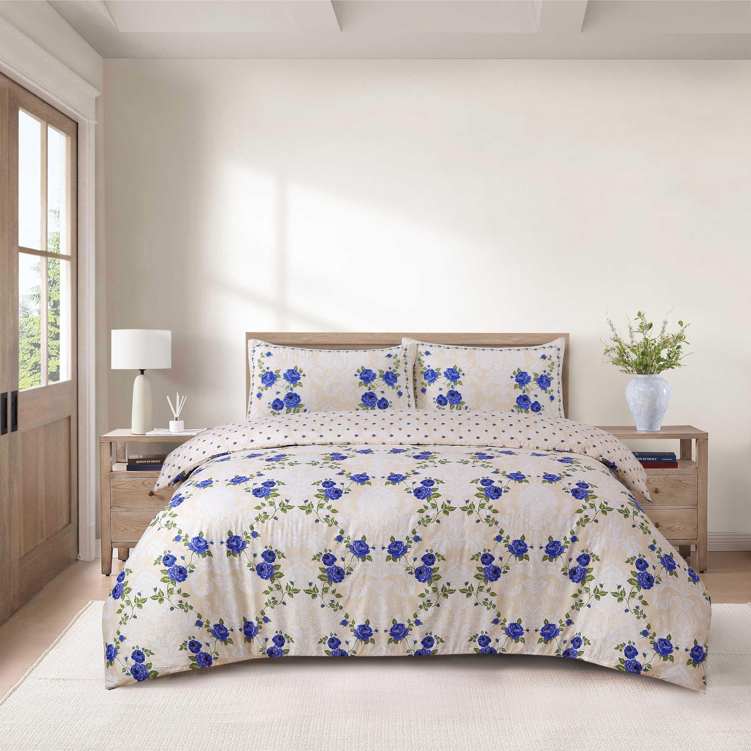 CHARKHAH 4 Piece Complete Bedding Set – Microfiber Reversible Duvet Cover, Deep Fitted Sheet & 2 Pillowcases | Soft, Breathable & Elegant - MF-QA-COM-SET-KING-CHRISTY-BLUE