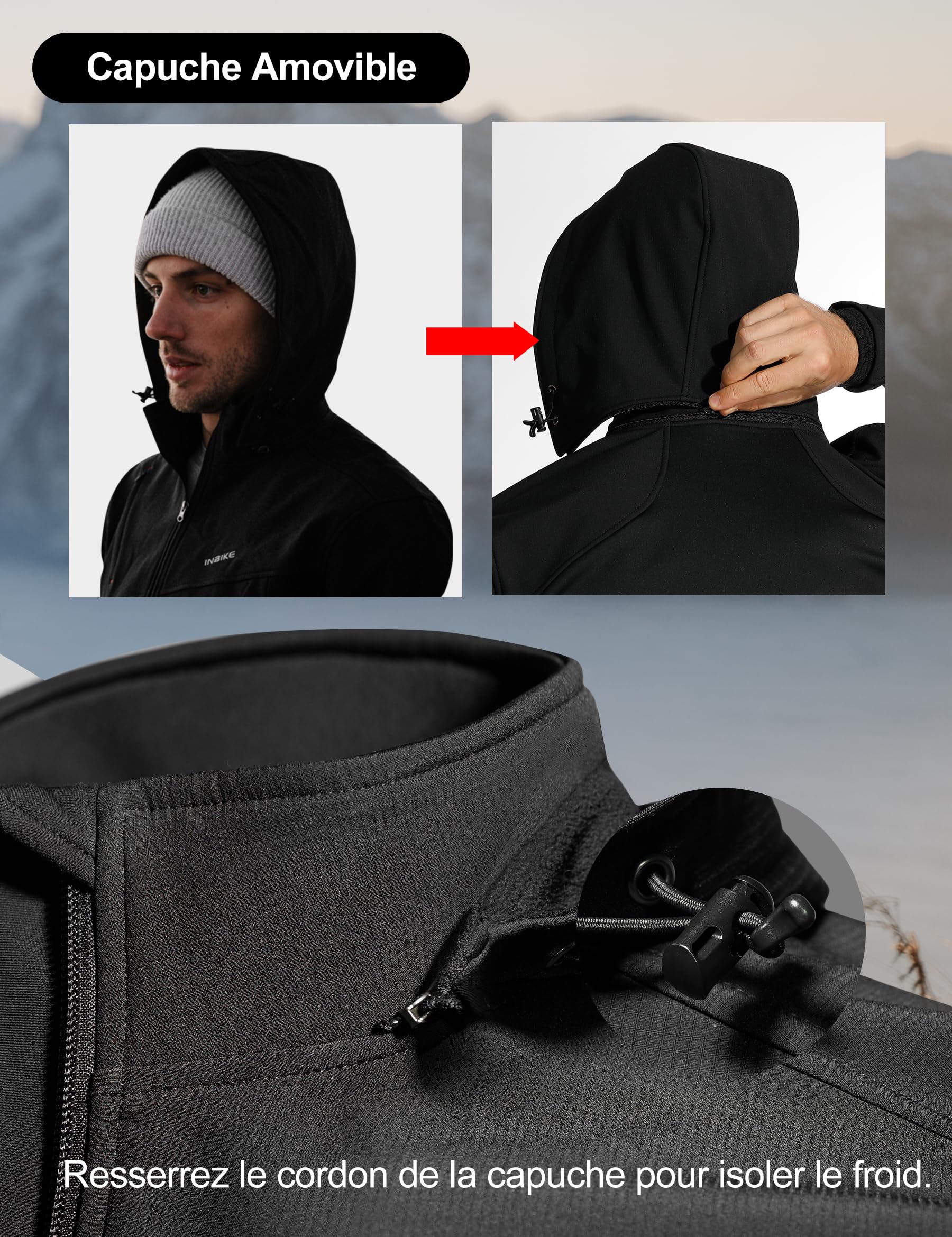 INBIKE Veste Softshell Homme Hiver Polaire Extérieure à Capuche Coupe Vent Blouson Chaud Outdoor Randonnée Velo VTT Jogging Sport de Plein Air 7103