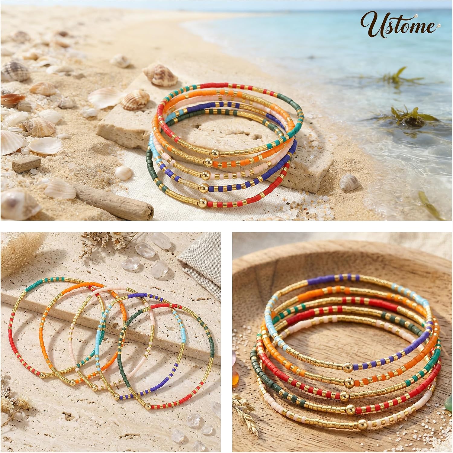 Colorful Stackable Rice Small Mini Seed Beaded Bracelets Set For Women, Handmade Dainty Boho Gold Glass Stretch Accessories Jewelry,Summer Beach Party Daily Friendship Gift