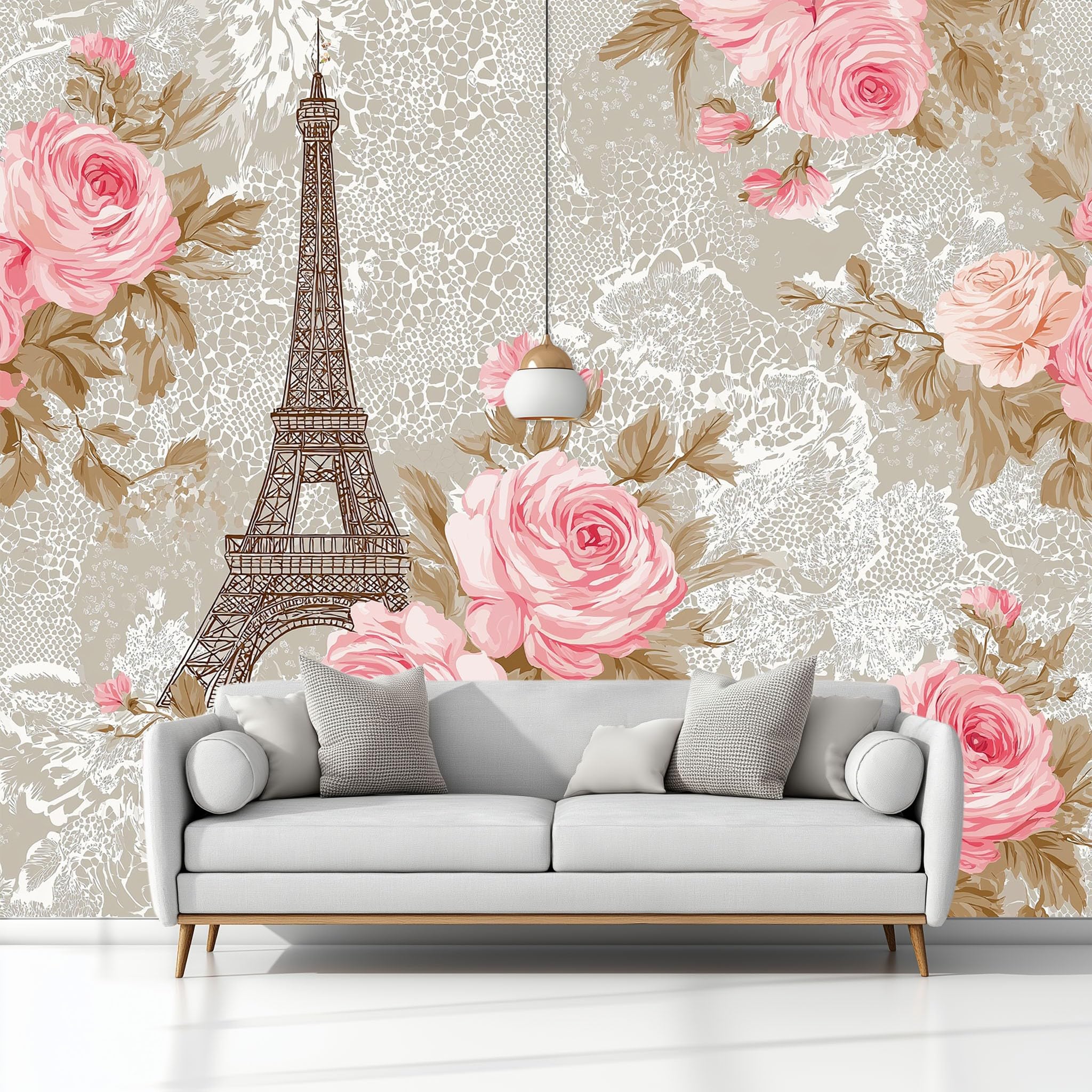 Générique Panoramiczna tapeta w stylu vintage romantyczna wieża różowa koronka 250 x 175 cm, tapeta 3D ciemnoszara z włókniny, gigantyczny plakat do salonu, sypialni i biura