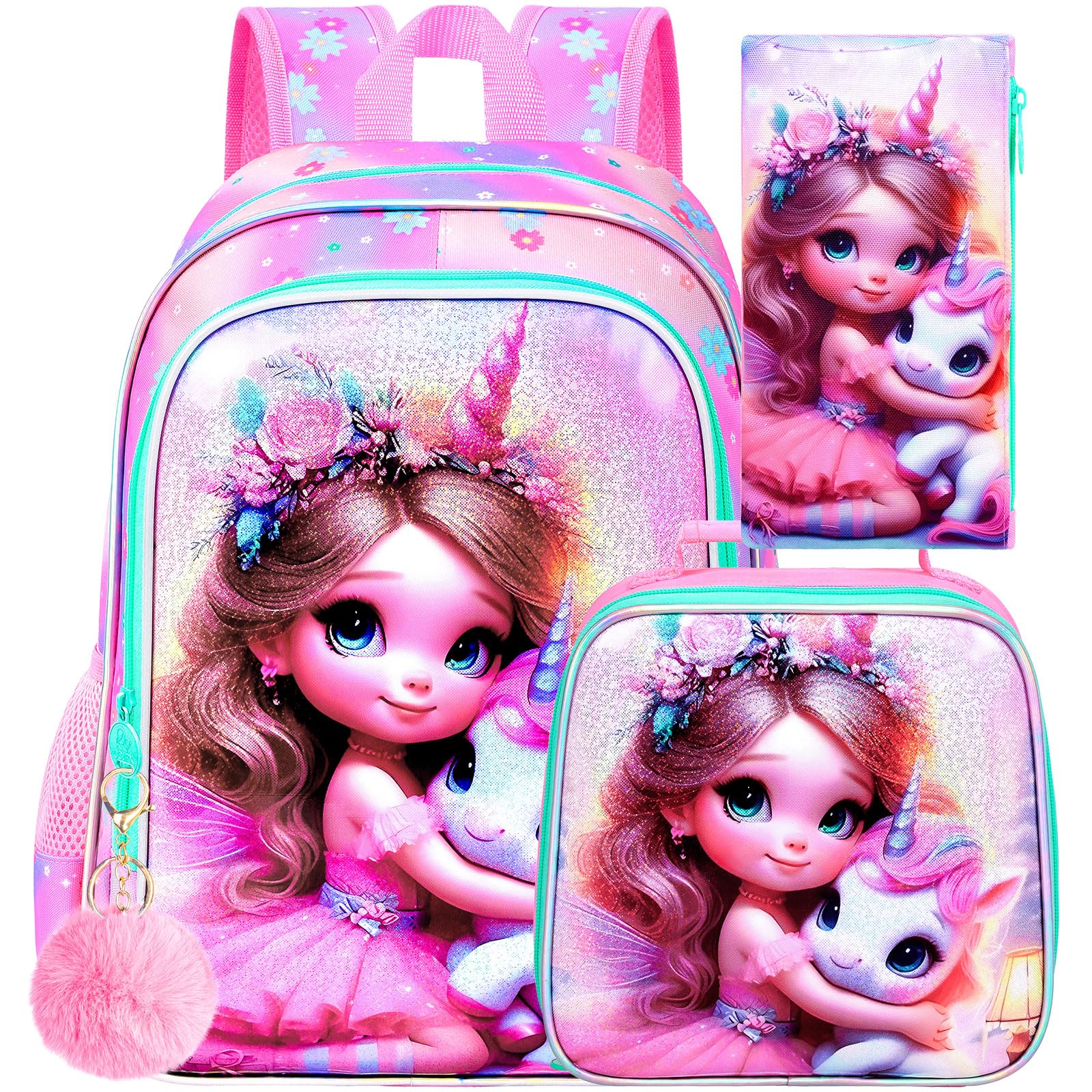 gxtvo 3PCS Unicorn Backpack for Girls 16 Kids Bookbag with Lunch Box Water Resistant Elementary School Bag for