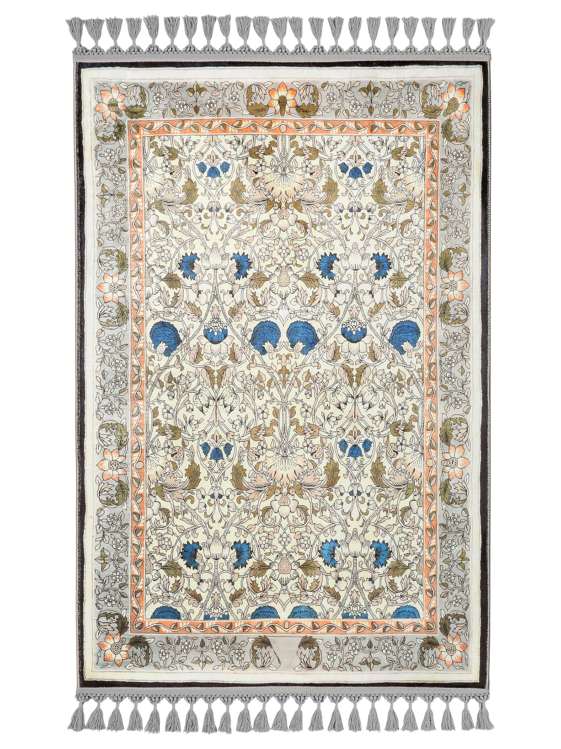 Tapis de prière traditionnel bleu et pêche motif floral avec bordure grise Allmode