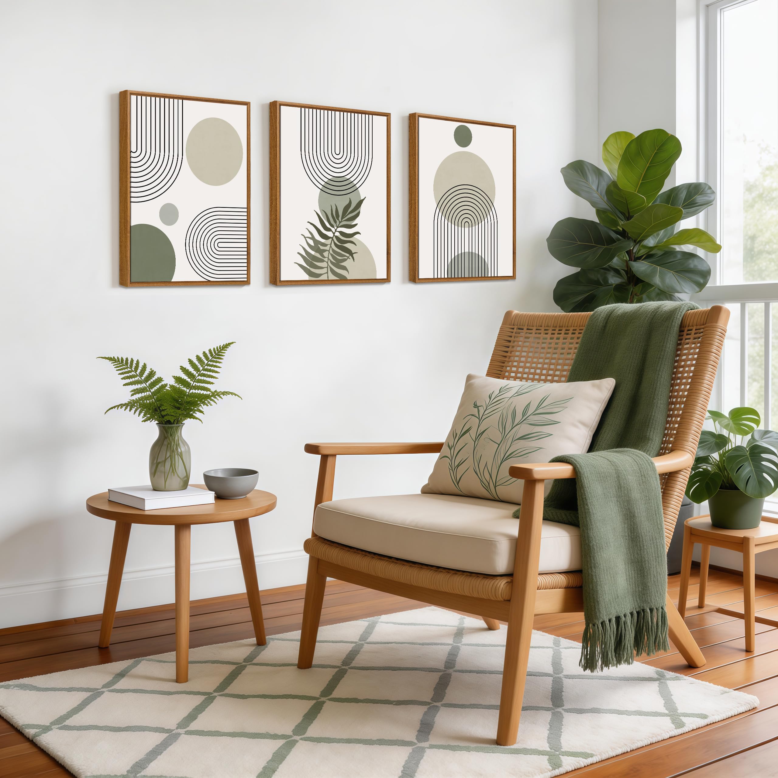 3 Pcs Wooden Framed Canvas Wall Art Set Bohemian Sage Green Canvas Prints Poster Geometric Line Beige Green Pictures for Living Room Bedroom Dinning Room Hallway Stairs Wall Decor 30x40cm x3pcs — view 246