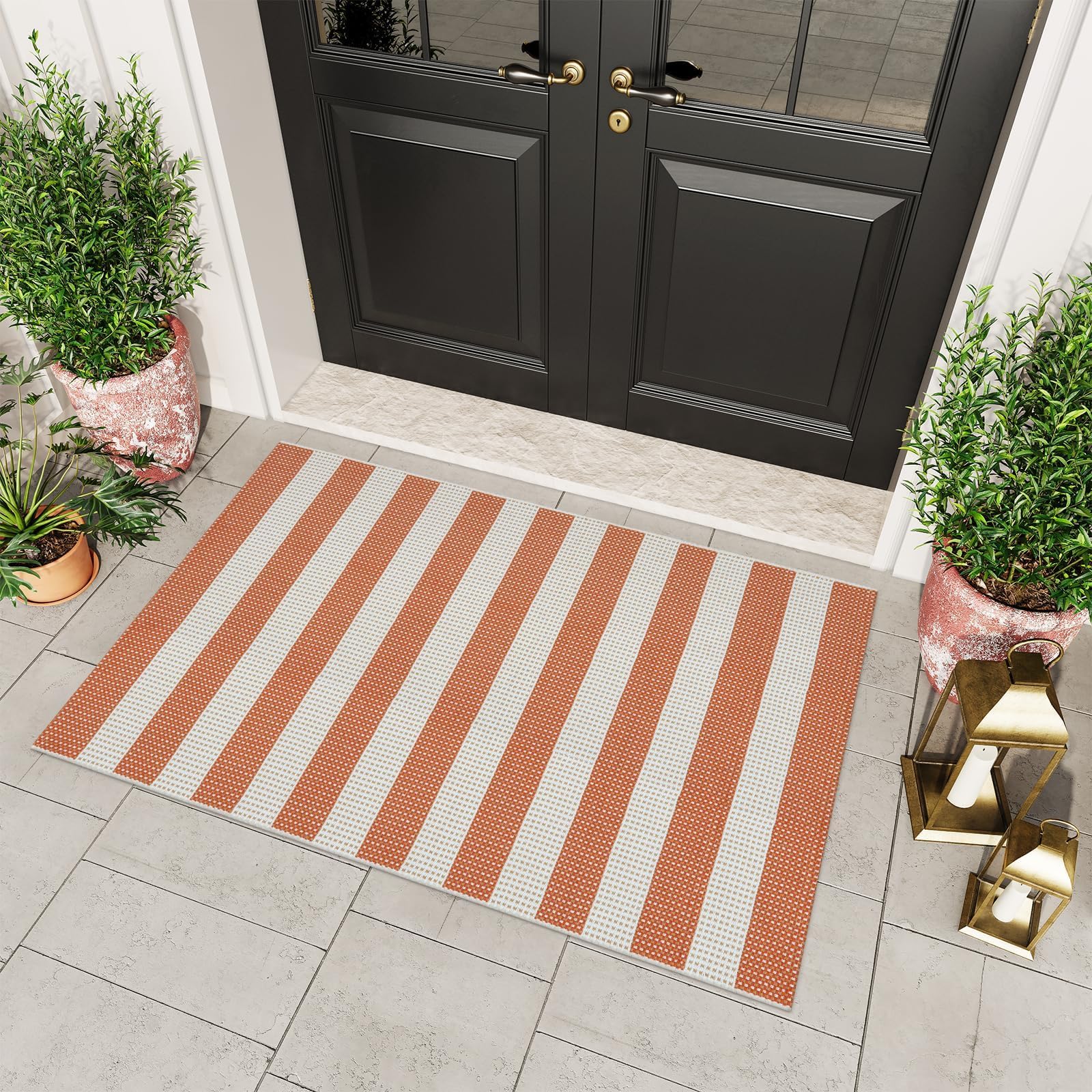 OJIA Front Door Rugs Washable 3'x5' Rug Outdoor Door Mat Entryway Rugs Striped Indoor Outdoor Rugs Cotton Woven Checkered Doormats Entrance Rug for