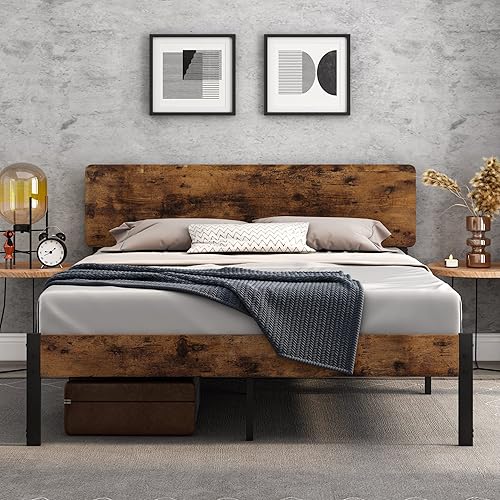 Full Bed Frame with Wooden Headboard, Platform Bed Frame with Heavy Duty Metal Slats Support, Under-Bed Storage Clearance, No Box Spring Needed, Noise Free