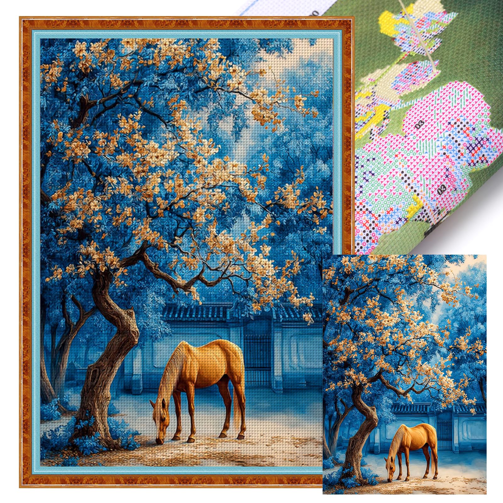 POETRYDRAW Osmanthus and Horse Cross Stitch Kit 11CT 3 Strands DIY Embroidery Starter Set for Beginners Adults Home Decor Large 19.5x26.13in