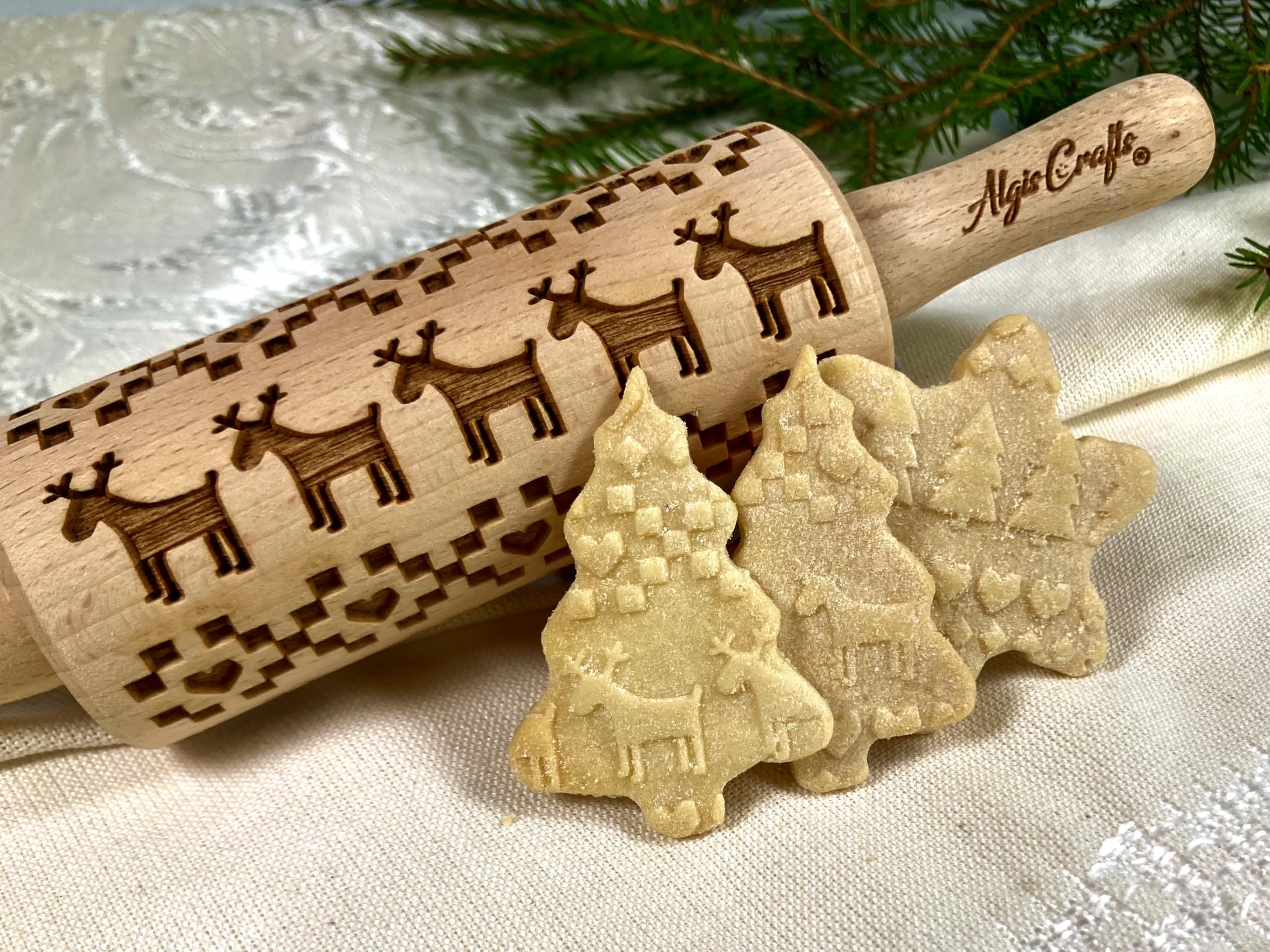 NATALE Mattarello Decorativo per Biscotti - Set di 3 Mattarelli Piccoli | Mattarello Inciso | Rullo per Biscotti e per Modellare per fai da te | Mattarello Legno Goffrato di Algis Crafts