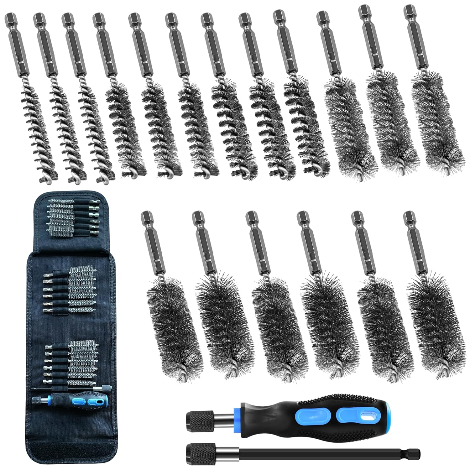 18Pcs Wire Brush Drill Attachments, Nylon, Brass, Stainless Steel Wire Brush Bore Cleaning Brush Set for Power Drill Impact Driver,Abrasive Drill Wire Brush with 1/4" Hex Shank and Tool Bag