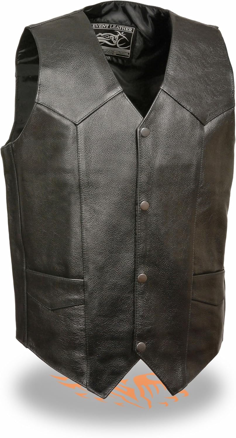 Milwaukee- Men's "Goat Skin" Snap Front Biker Leather Vest (Black, 4X)