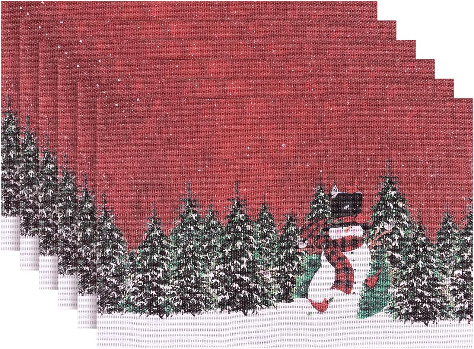Aofmee Christmas Placemats Set of 6, Washable Christmas Place Mats for Party Kitchen Dining Decoration, Indoor/Outdoor Woven Vinyl Table Mats, Non-Slip Heat Resistant Holiday Placemats, Easy to Clean